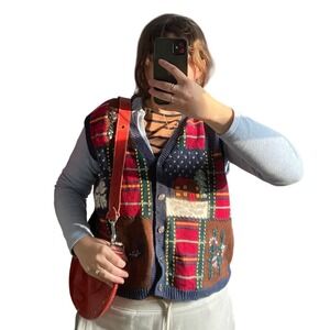 Vintage North Crest Patchwork Christmas Knit Sweater Vest Large Nordic Plaid 90s